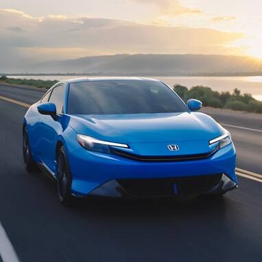 2027 Honda Prelude in Boost Blue Pearl, 3/4 front view cruising alone costal road with a sunset on the brackground (exhilarating hybrid coupe).